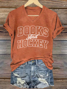 V Neck Books And Hockey T-shirt