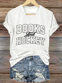 V Neck Books And Hockey T-shirt