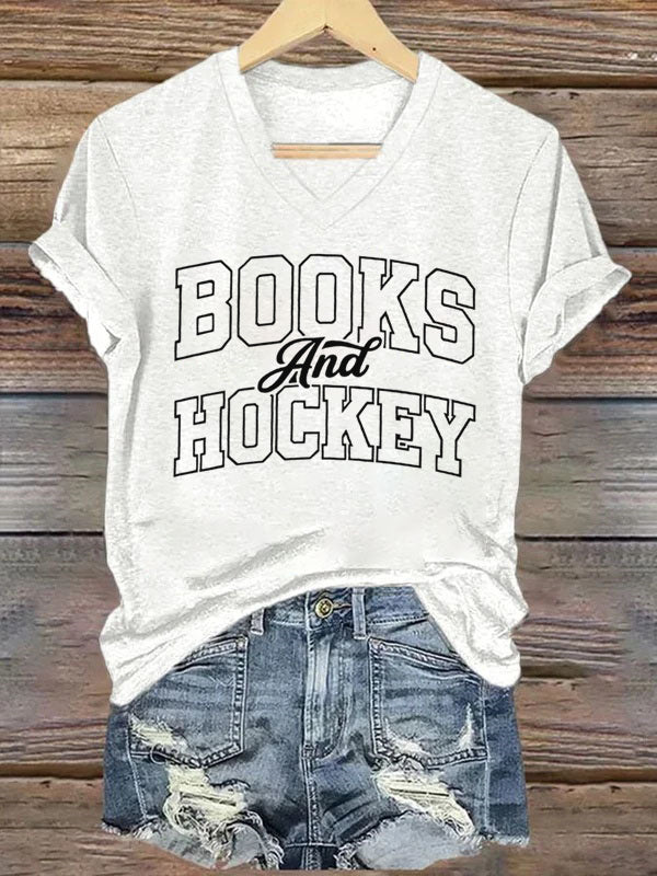 V Neck Books And Hockey T-shirt