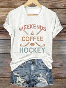 V Neck Weekends Coffee Hockey,Game Day T-shirt