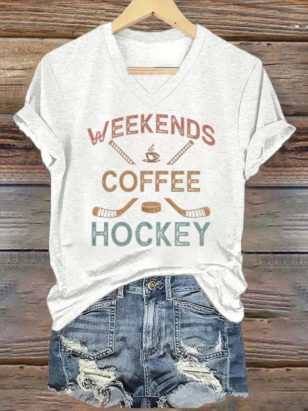 V Neck Weekends Coffee Hockey,Game Day T-shirt