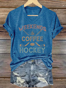 V Neck Weekends Coffee Hockey,Game Day T-shirt