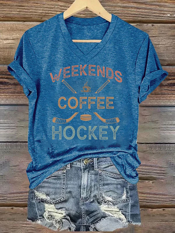 V Neck Weekends Coffee Hockey,Game Day T-shirt