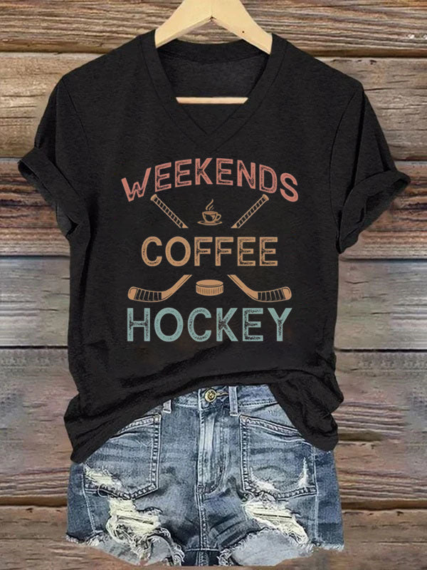 V Neck Weekends Coffee Hockey,Game Day T-shirt