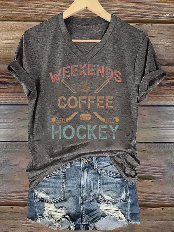 V Neck Weekends Coffee Hockey,Game Day T-shirt