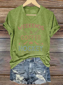 V Neck Weekends Coffee Hockey,Game Day T-shirt