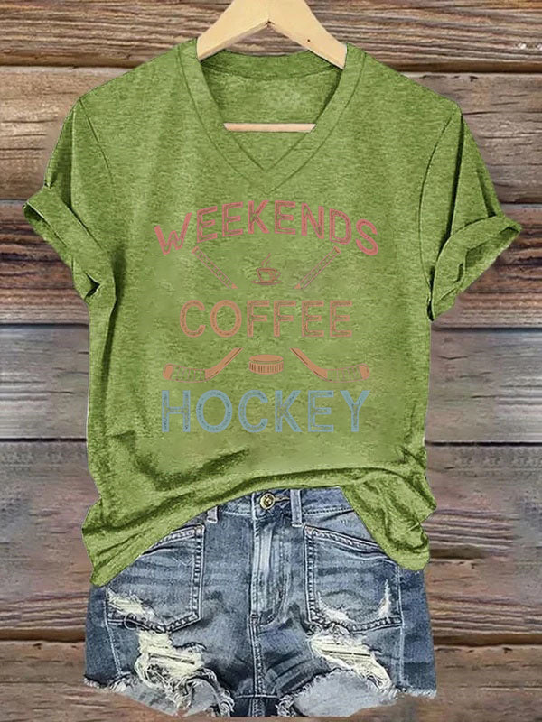 V Neck Weekends Coffee Hockey,Game Day T-shirt