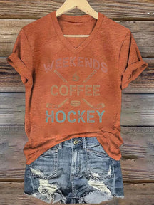 V Neck Weekends Coffee Hockey,Game Day T-shirt