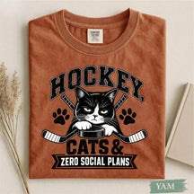 Comfort Colors Hockey, Cats & Zero Social Plans. Funny Cat Hockey T-Shirt