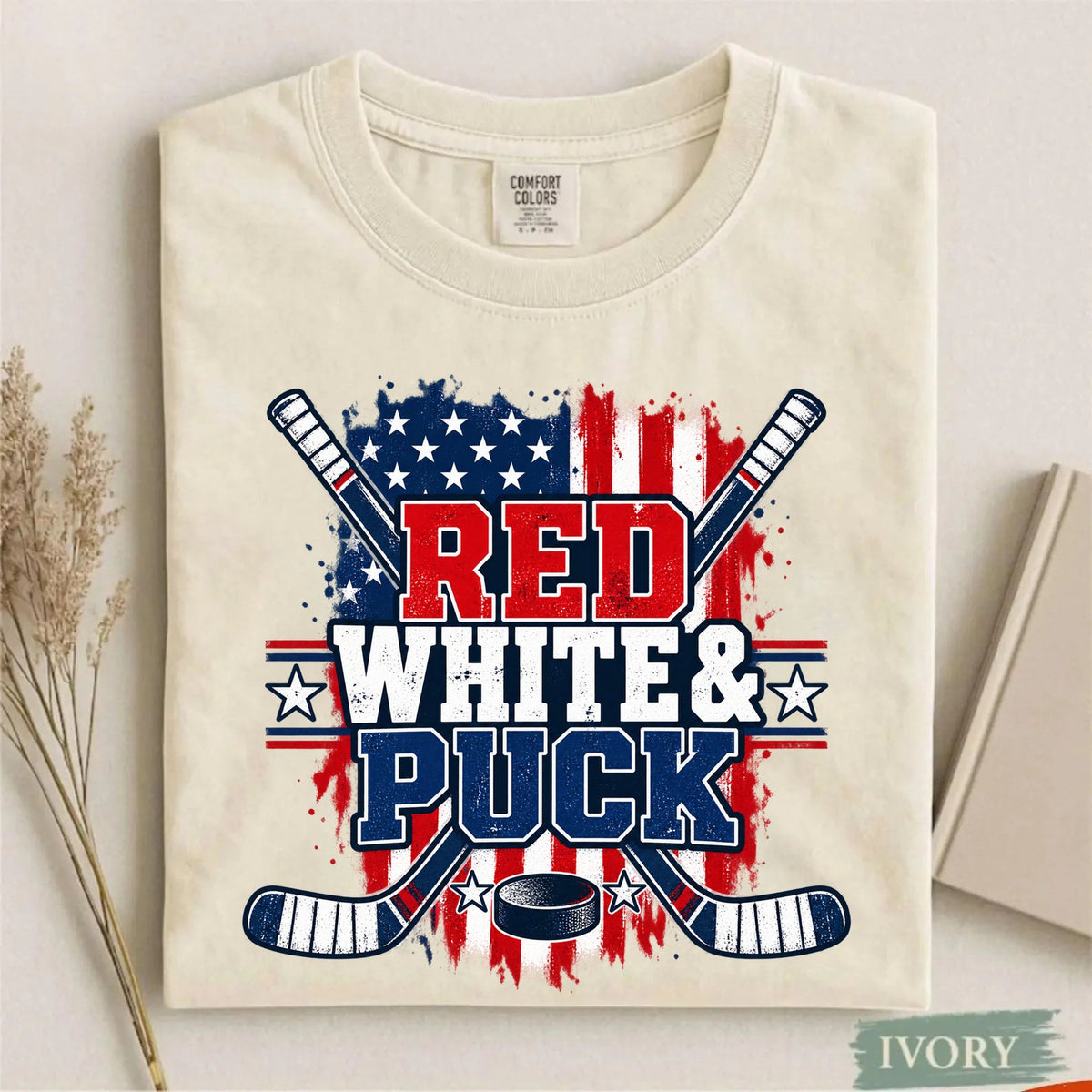 Comfort Colors Red White & Puck – Patriotic Hockey T-Shirt