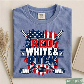 Comfort Colors Red White & Puck – Patriotic Hockey T-Shirt