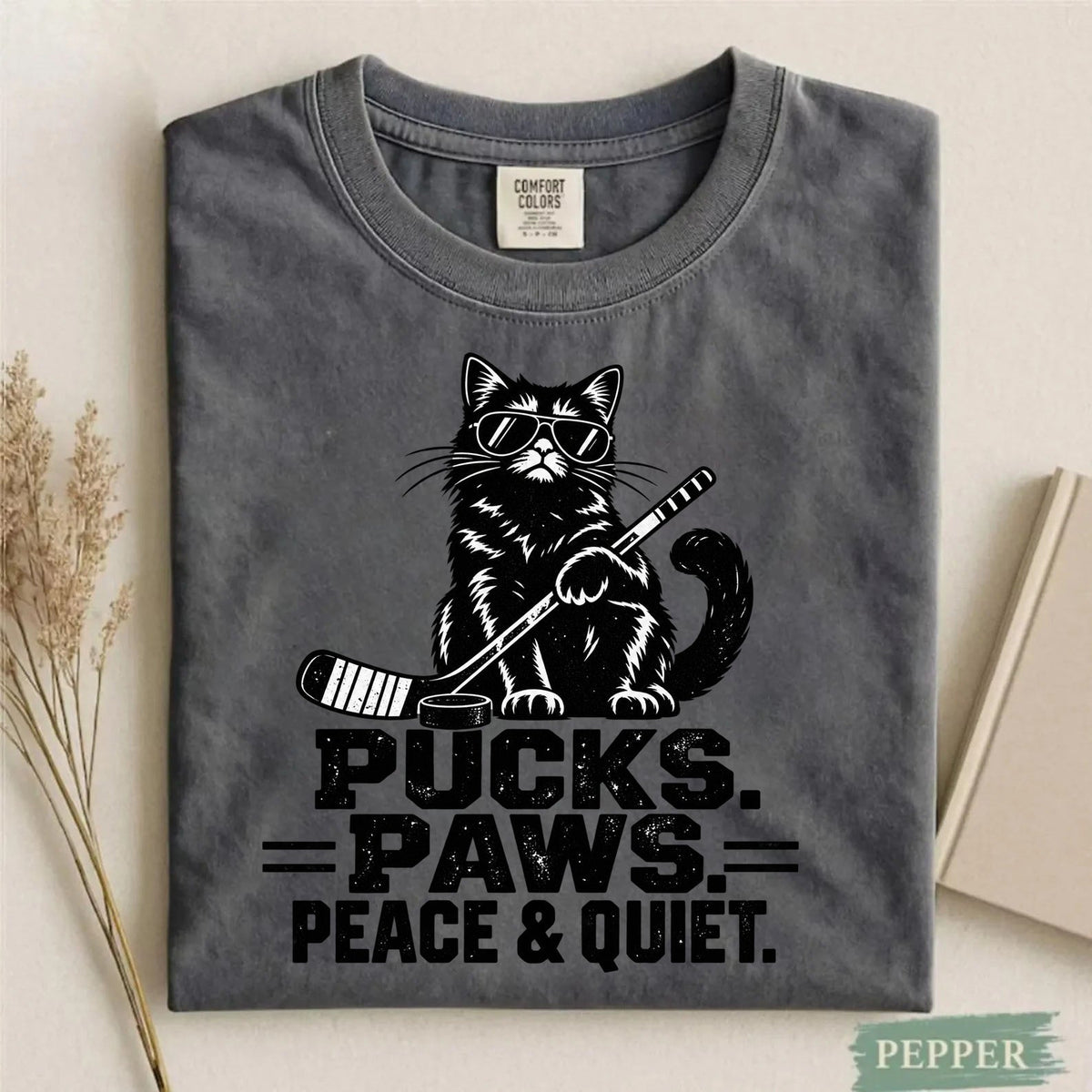 Comfort Colors Pucks. Paws. Peace & Quiet. Cat Hockey T-Shirt