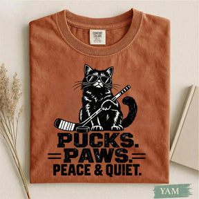 Comfort Colors Pucks. Paws. Peace & Quiet. Cat Hockey T-Shirt