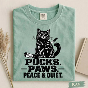 Comfort Colors Pucks. Paws. Peace & Quiet. Cat Hockey T-Shirt