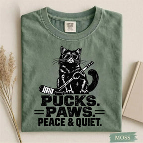 Comfort Colors Pucks. Paws. Peace & Quiet. Cat Hockey T-Shirt