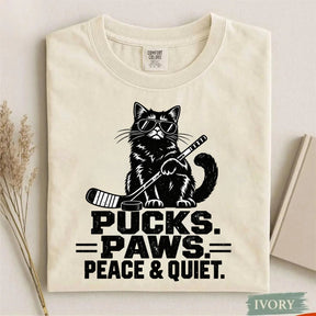Comfort Colors Pucks. Paws. Peace & Quiet. Cat Hockey T-Shirt