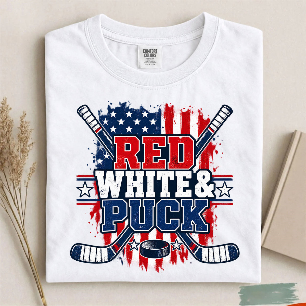Comfort Colors Red White & Puck – Patriotic Hockey T-Shirt