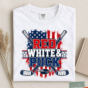 Comfort Colors Red White & Puck – Patriotic Hockey T-Shirt