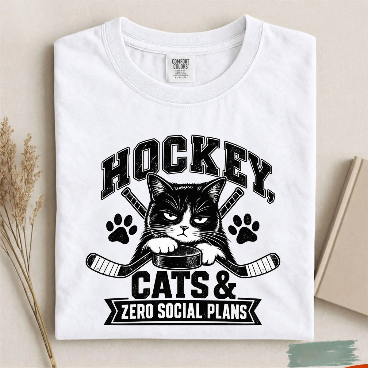 Comfort Colors Hockey, Cats & Zero Social Plans. Funny Cat Hockey T-Shirt