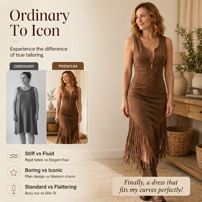 🤠 LIMITED-TIME 50% OFF! ✨ Retro Western Tassel Sleeveless Slim Dress – Fringe Hem. Front Zipper. Cowgirl Style 🌵