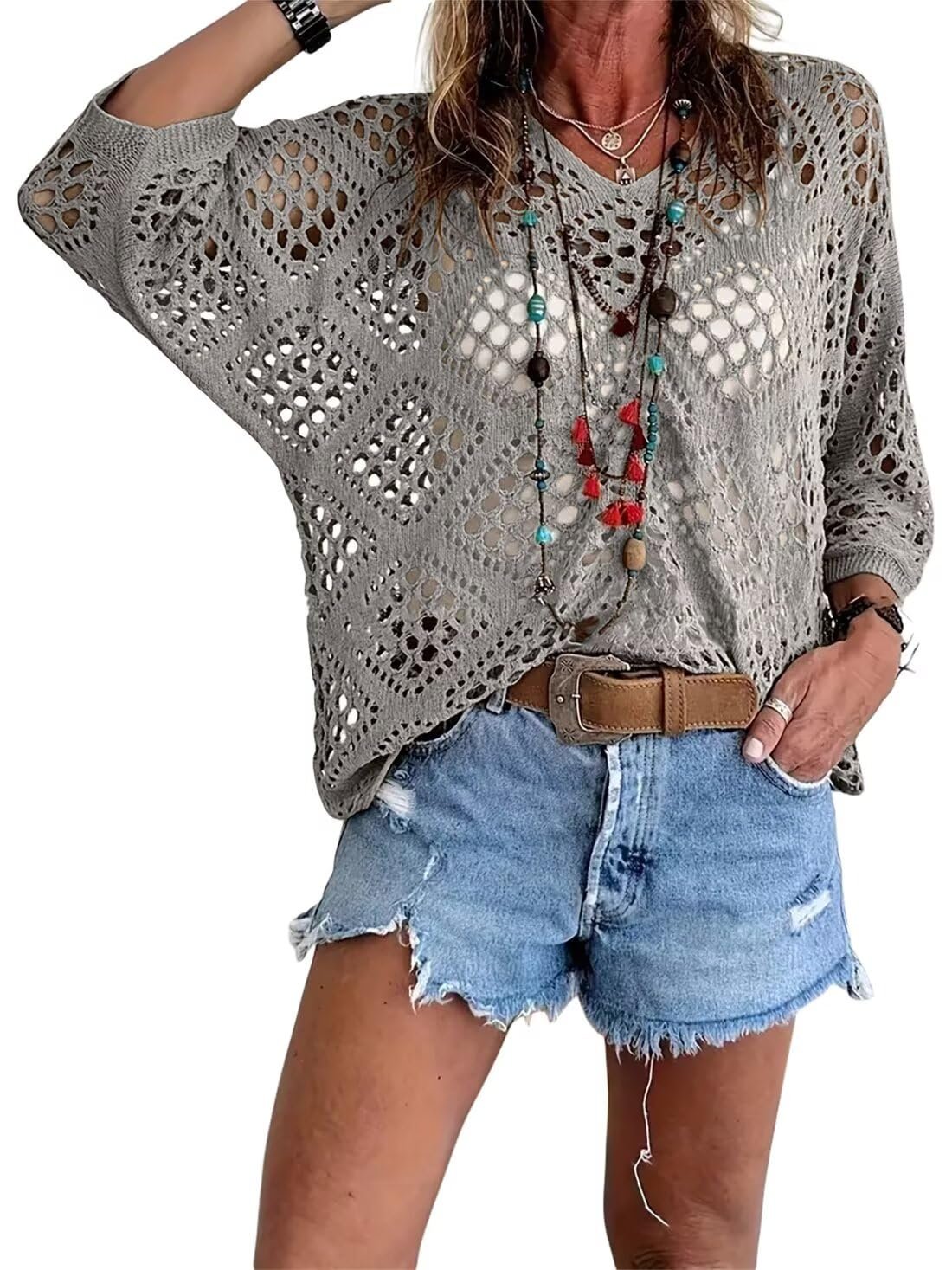 🌷🌷Limited time sale🔥Womens Bohemian-Inspired Beige Crochet Top with V-Neck