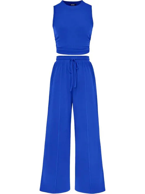 🔥Women Sleeveless Cropped Top Elastic Waist Wide Leg Pants 2 Piece Set