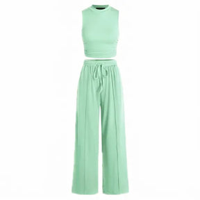 🔥Women Sleeveless Cropped Top Elastic Waist Wide Leg Pants 2 Piece Set