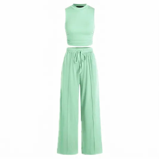 🔥Women Sleeveless Cropped Top Elastic Waist Wide Leg Pants 2 Piece Set