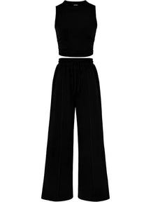🔥Women Sleeveless Cropped Top Elastic Waist Wide Leg Pants 2 Piece Set