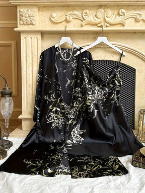 Women'S Small Cherry Print Fashion Sexy Robe And Nightgown 2pcs Set