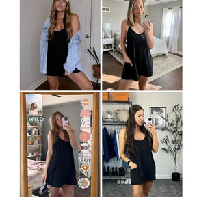 Summer Sleeveless  Mini Dress with Built-in Shorts V Neck Spaghetti Straps Athletic Shorts Tennis Dress with Pockets