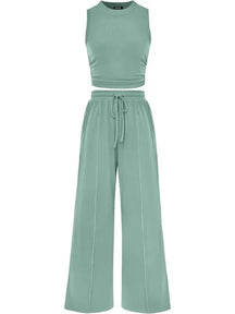 🔥Women Sleeveless Cropped Top Elastic Waist Wide Leg Pants 2 Piece Set