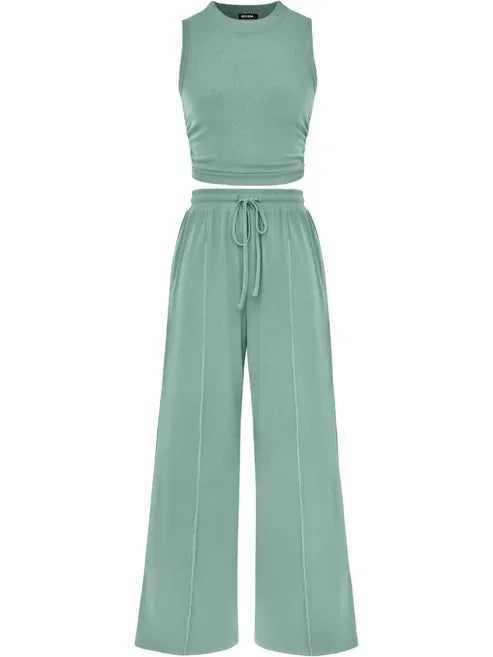 🔥Women Sleeveless Cropped Top Elastic Waist Wide Leg Pants 2 Piece Set