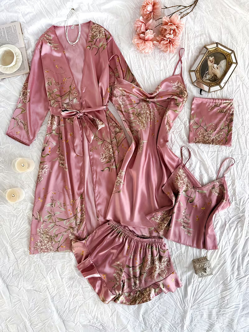Women's Four-Season Breathable Comfortable Printed Nightgown Set, 5pcs