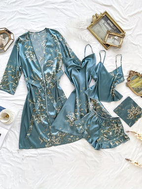 Women's Four-Season Breathable Comfortable Printed Nightgown Set, 5pcs