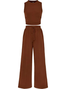 🔥Women Sleeveless Cropped Top Elastic Waist Wide Leg Pants 2 Piece Set