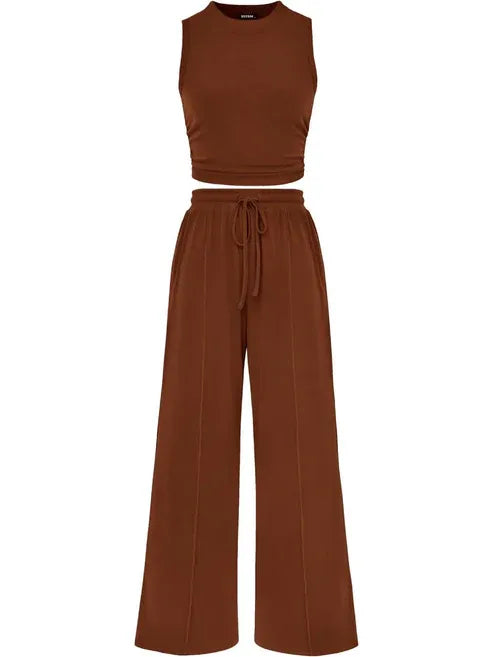 🔥Women Sleeveless Cropped Top Elastic Waist Wide Leg Pants 2 Piece Set
