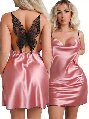 Women's Sexy Solid Satin Butterfly Lace Sleepwear Dress