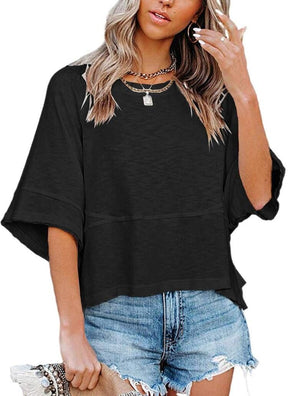 Panel Solid Color Flared Sleeve T-Shirt