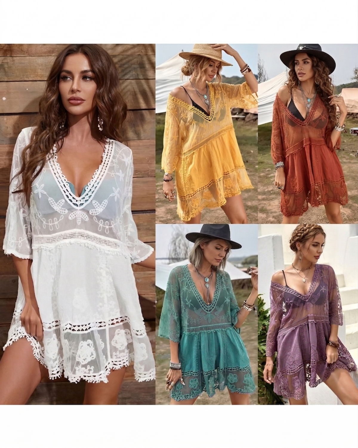 Boho Lace Beach Cover-Up Dress – V-Neck Sheer Swim Cover(Buy 2 Free Shipping)