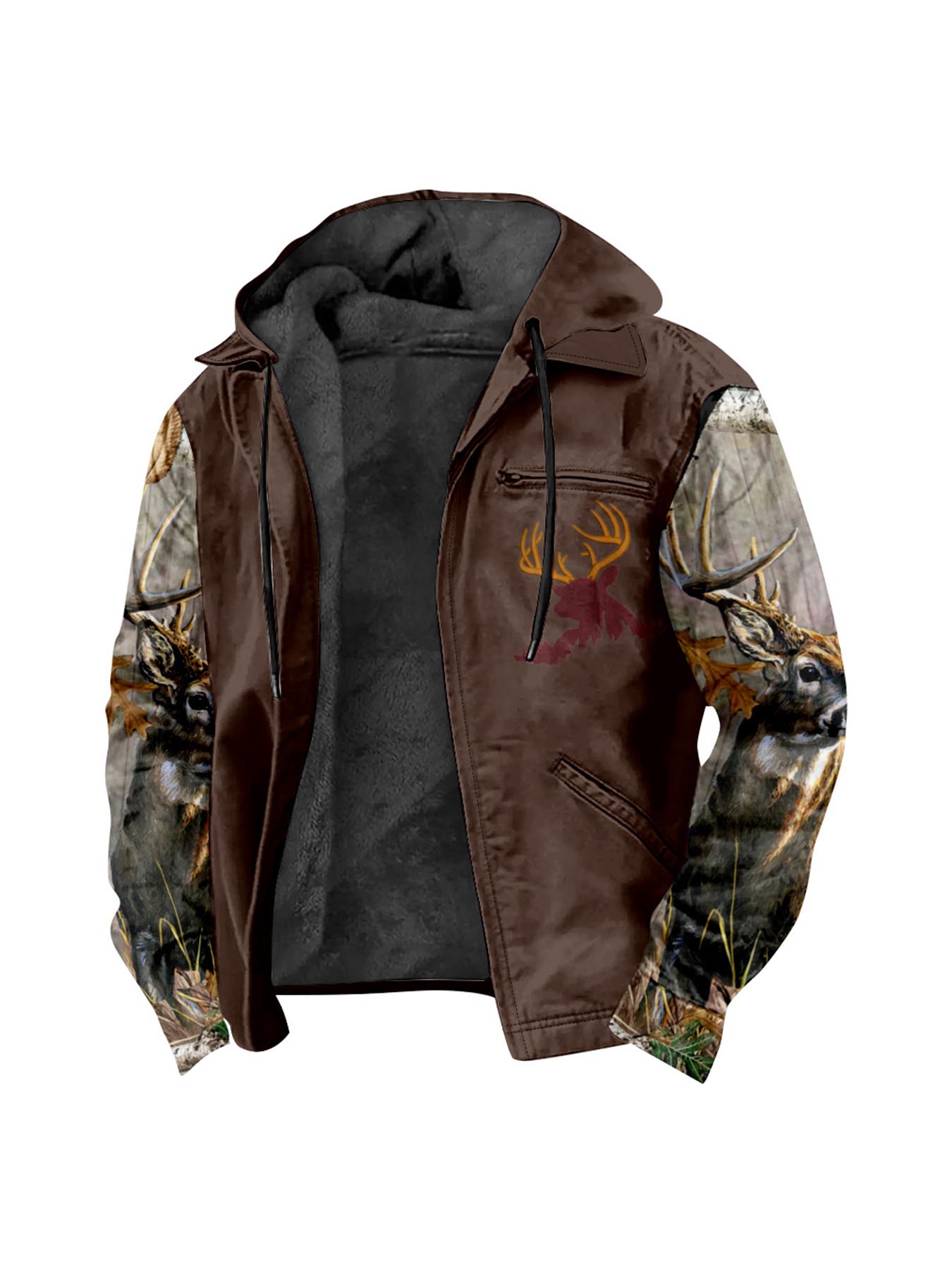 Men'S Winter Zipper Hooded Jackets - Deer Head Pattern Hoodies With Zipper Opening, Pocket, Retro Style Hooded Sweatshirts,
