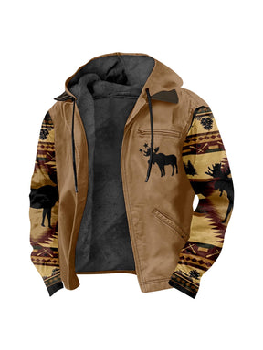 Men'S Winter Zipper Hooded Jackets - Deer Head Pattern Hoodies With Zipper Opening, Pocket, Retro Style Hooded Sweatshirts,