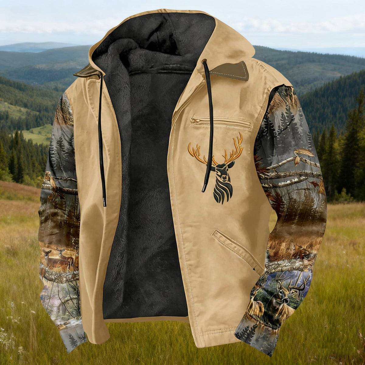 Men'S Winter Zipper Hooded Jackets - Deer Head Pattern Hoodies With Zipper Opening, Pocket, Retro Style Hooded Sweatshirts,