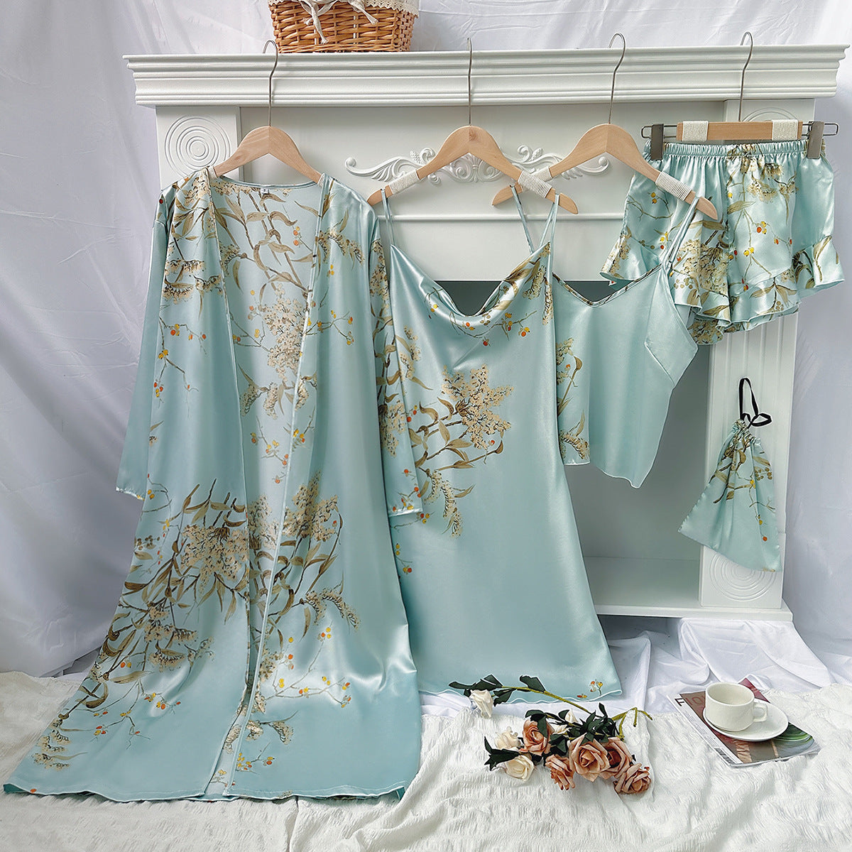 Women's Four-Season Breathable Comfortable Printed Nightgown Set, 5pcs