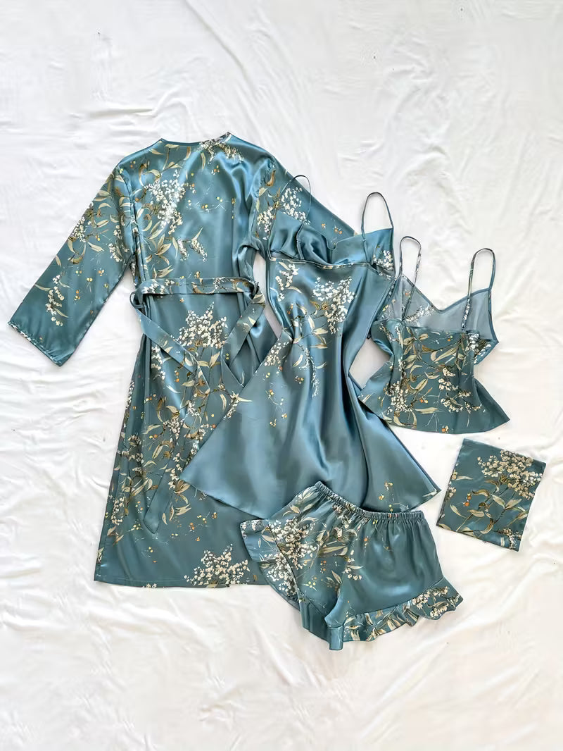 Women's Four-Season Breathable Comfortable Printed Nightgown Set, 5pcs