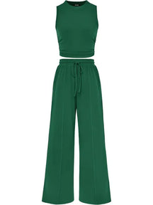 🔥Women Sleeveless Cropped Top Elastic Waist Wide Leg Pants 2 Piece Set