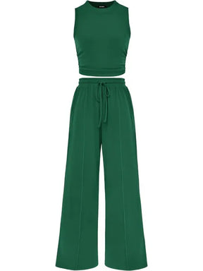 🔥Women Sleeveless Cropped Top Elastic Waist Wide Leg Pants 2 Piece Set
