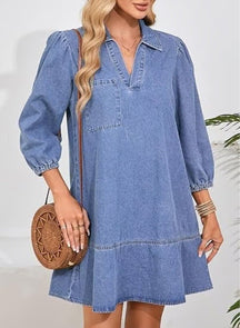 Women's V-neck Puff Sleeve Denim Layered Dress(BUY 2 FREE SHIPPING)