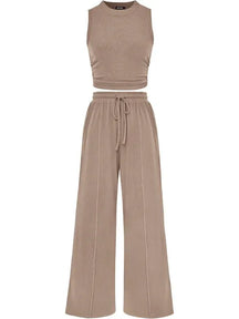 🔥Women Sleeveless Cropped Top Elastic Waist Wide Leg Pants 2 Piece Set
