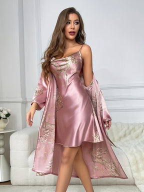 Women'S Small Cherry Print Fashion Sexy Robe And Nightgown 2pcs Set